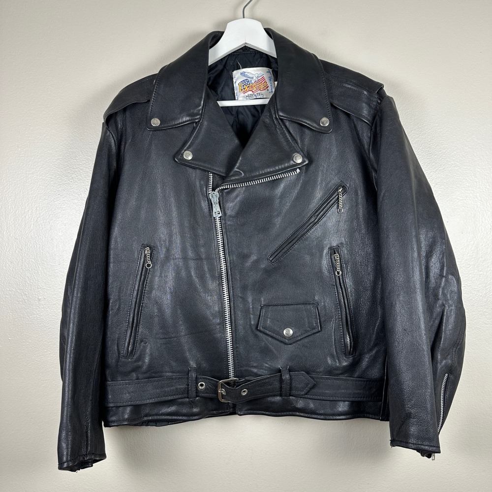Excelled Mens M Motorcycle Jacket Black Leather Biker Belted USA Made James Dean